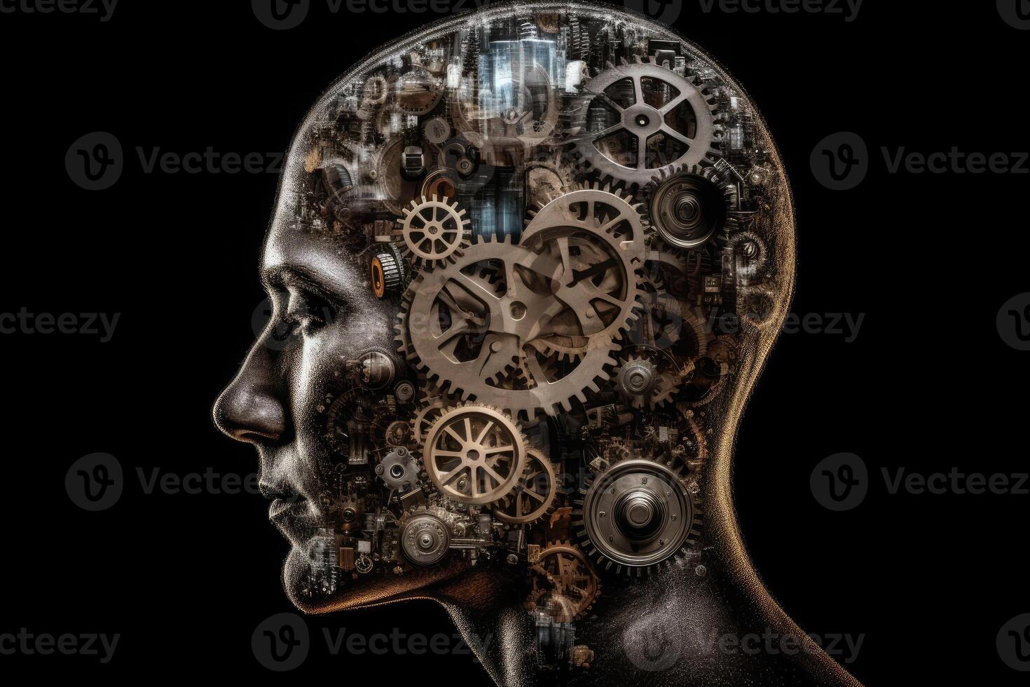 Silhouette of man head with gear mechanism in brain. photo