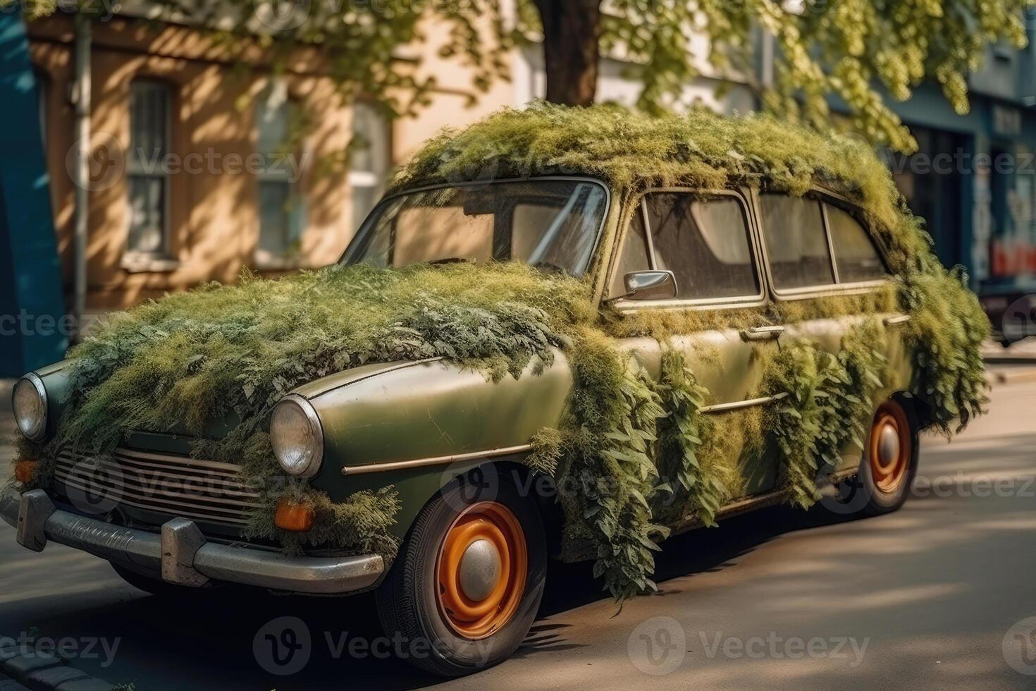 Car made of natural green plants. Eco friendly transportation. photo
