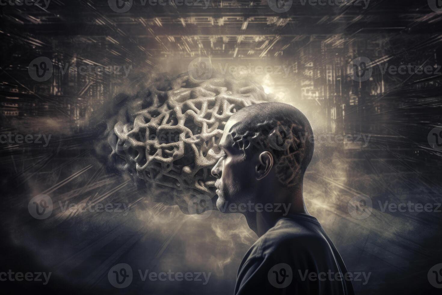 Silhouette of man head with neural connections in brain. photo