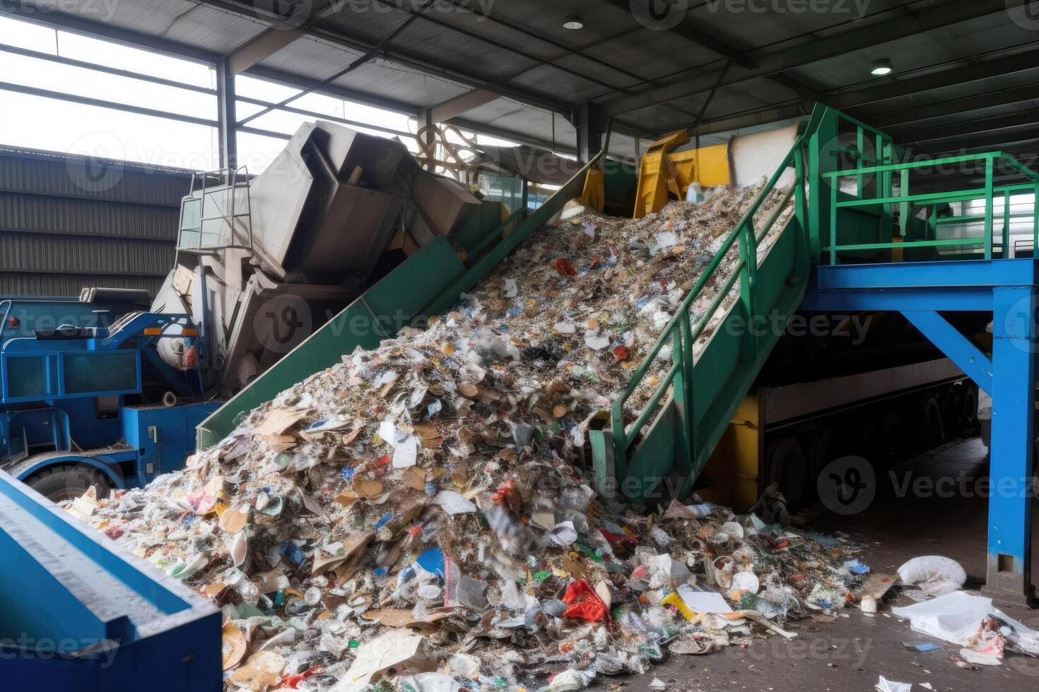 Conveyor belt with pile of waste at recycling plant. photo