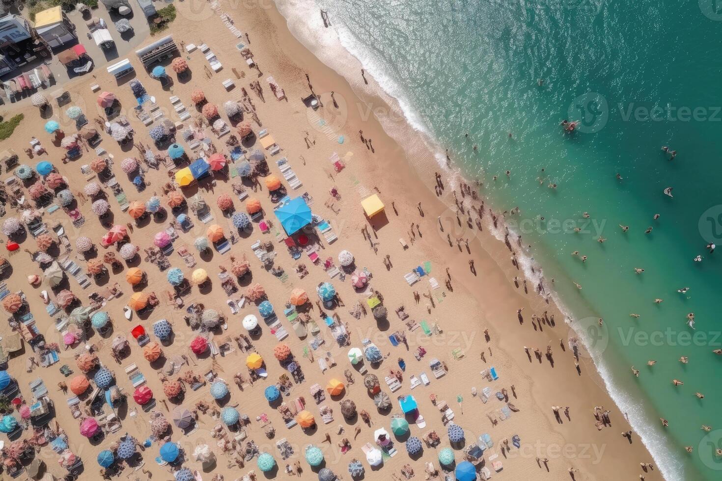 mar playa con vistoso paraguas y relajante gente, parte superior vista. generativo ai foto