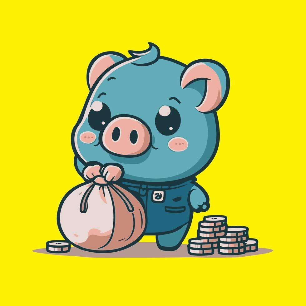 Cute pig with money bag and coins. Vector illustration in cartoon style