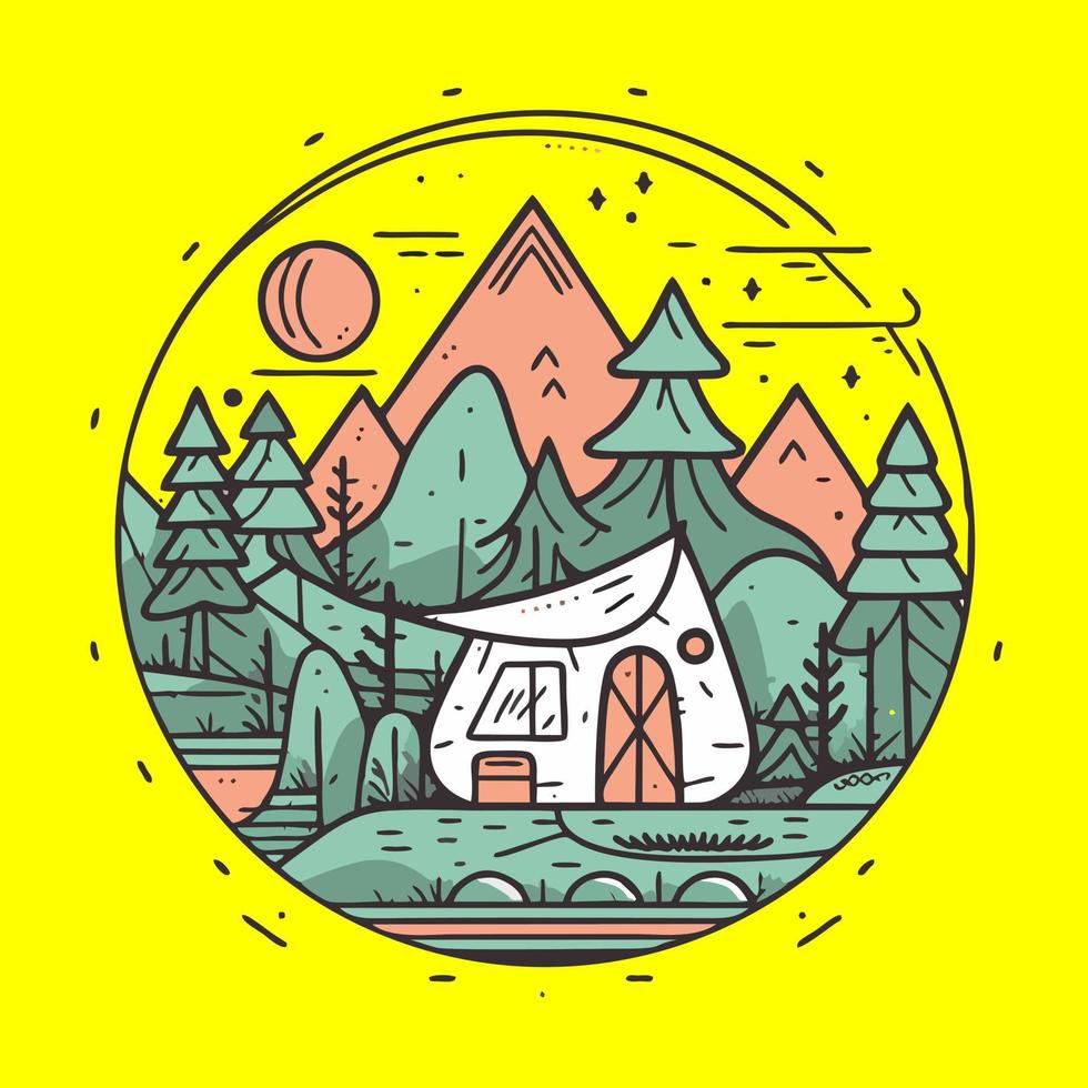 Vector illustration with house in the forest. Line art design for web and print