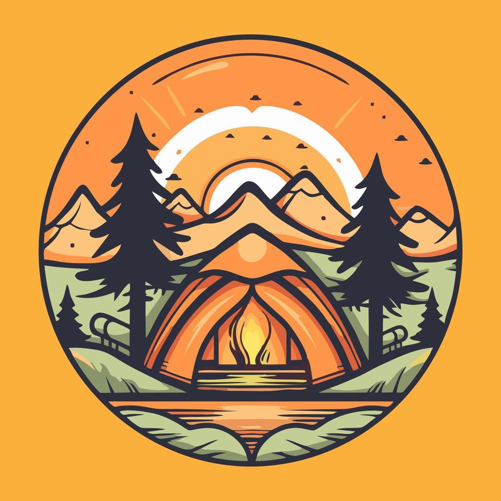 cámping logo con hoguera en el bosque. vector ilustración