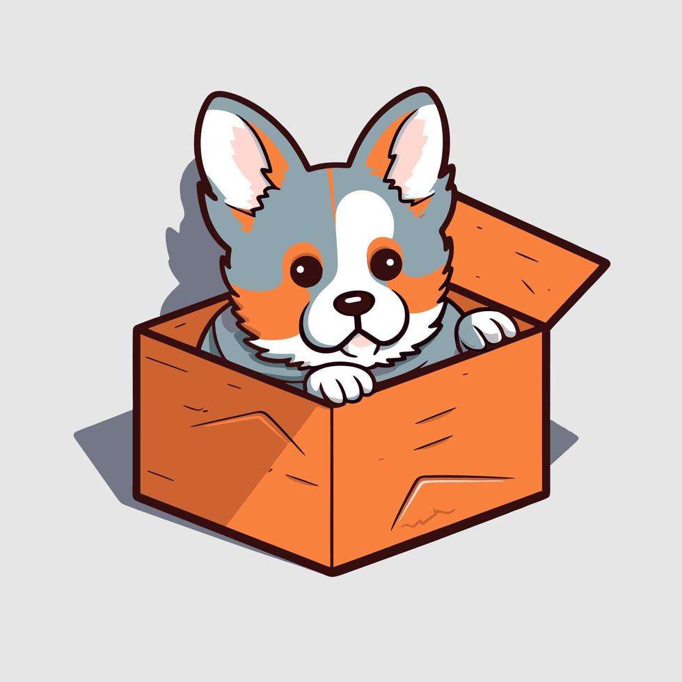Cute cartoon welsh corgi dog in box. Vector illustration