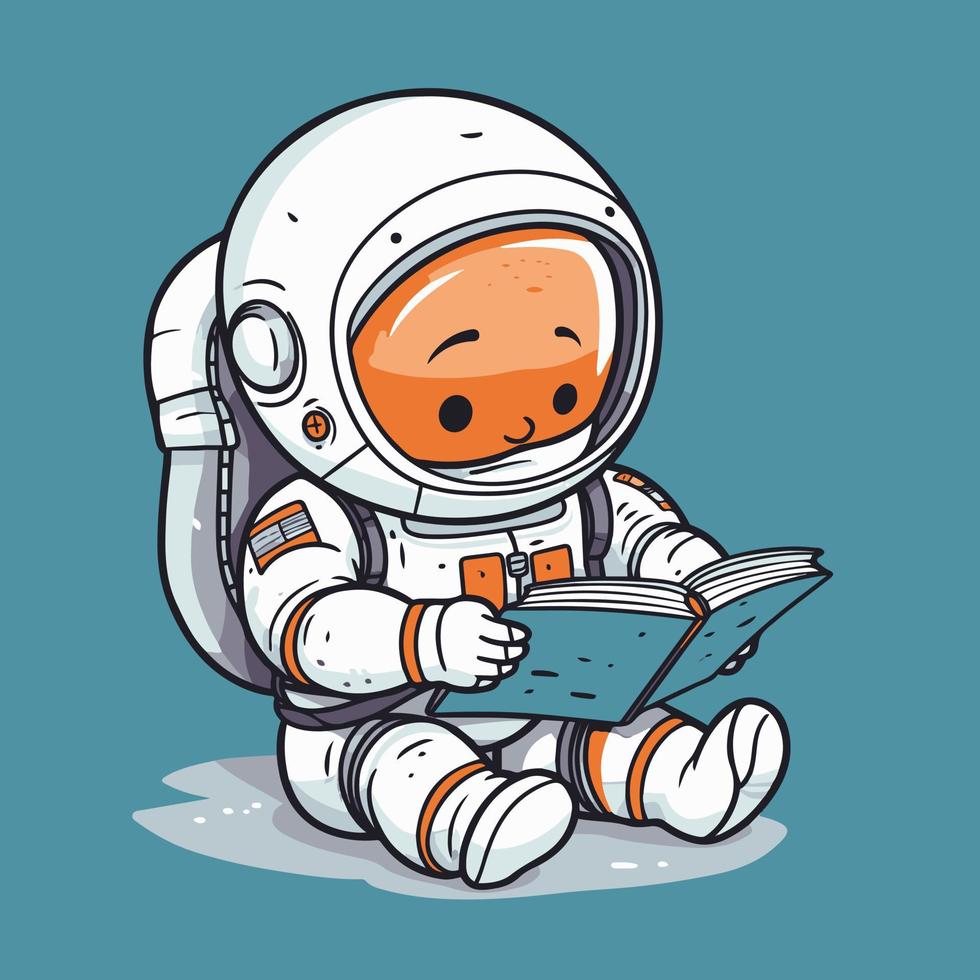 Astronaut reading a book. Cute cartoon character. Vector illustration