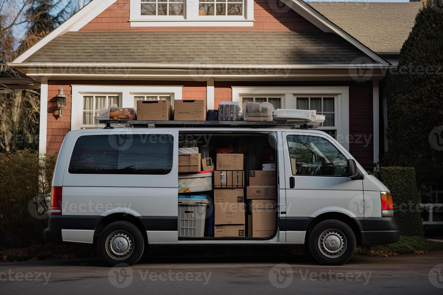 abierto carga camioneta con cartulina cajas, Moviente concepto. generativo ai foto