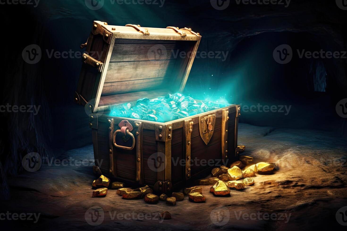 Chest with pirate treasure in cave. photo