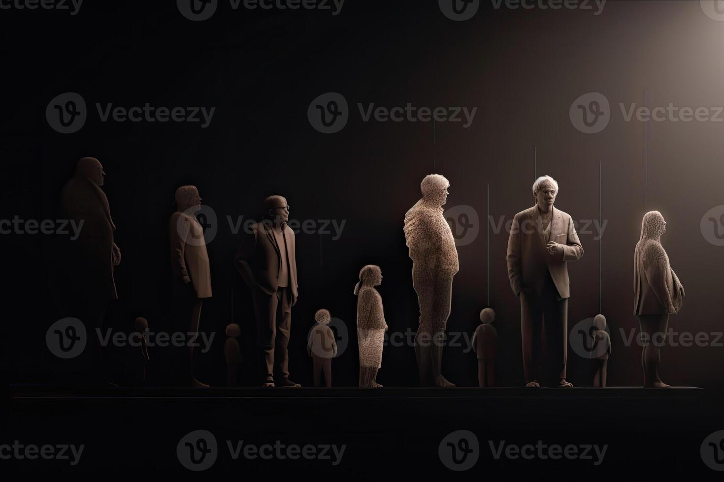 Different generations of family stand together against dark abstract background. photo