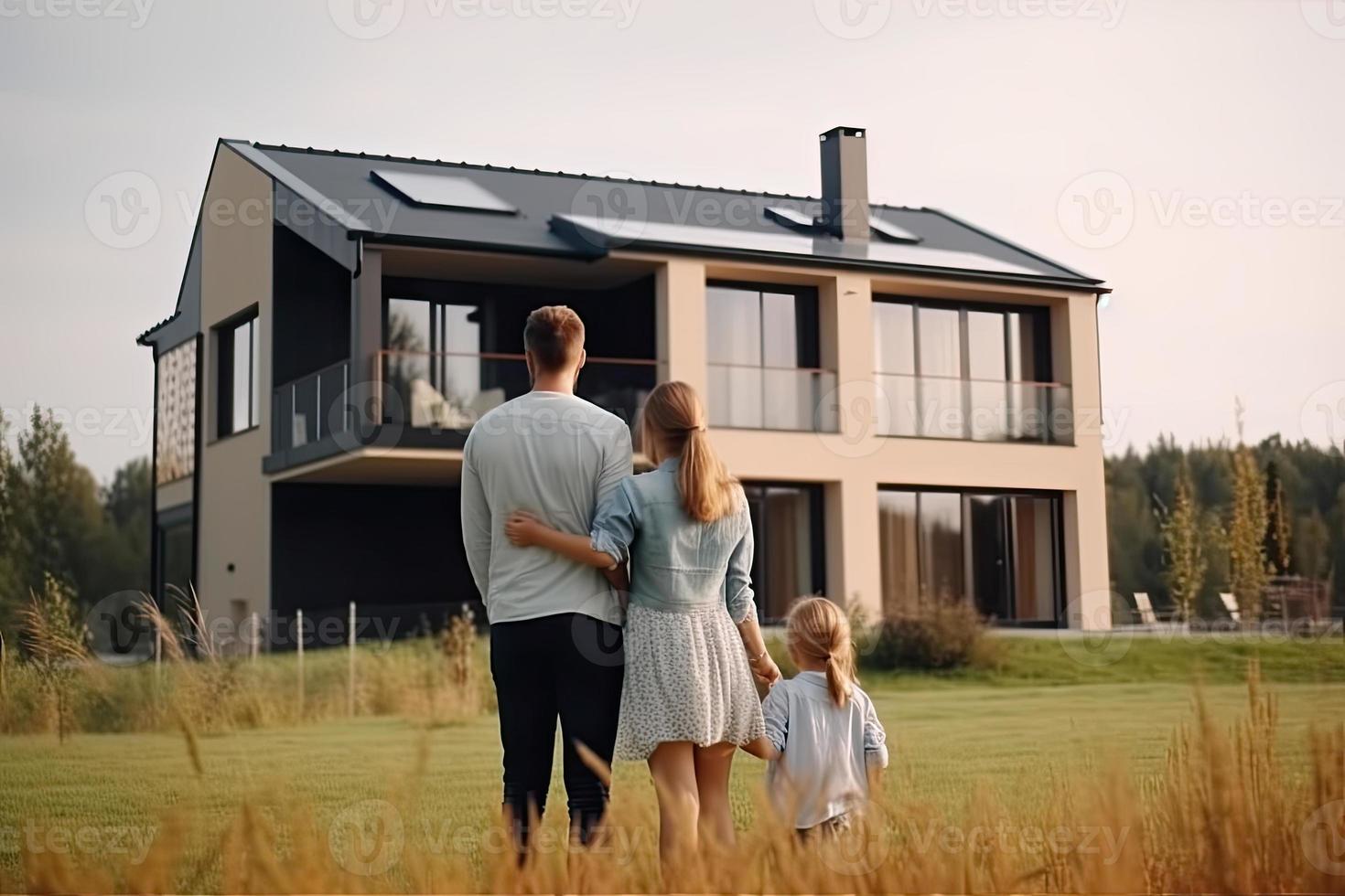 Happy family stands in front of their new home. Generative AI photo