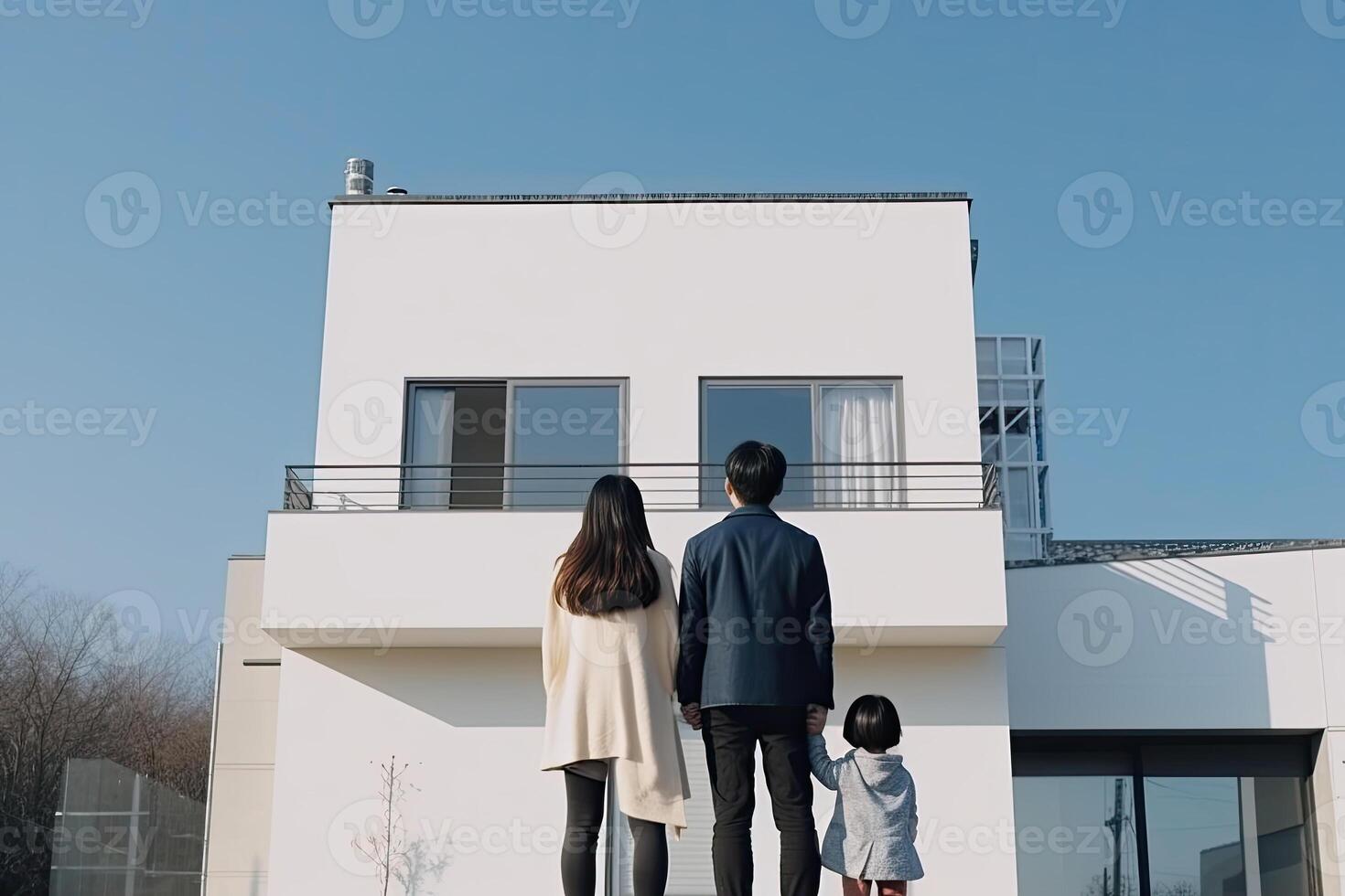 Happy family stands in front of their new home. photo