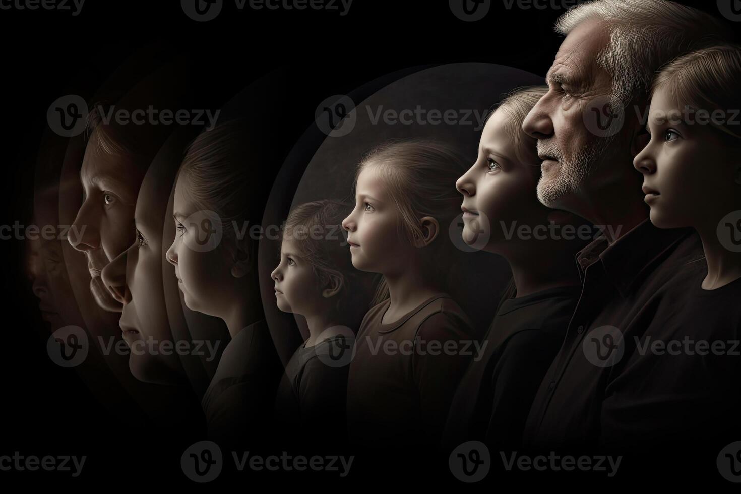 Different generations of family stand together against dark abstract background. photo