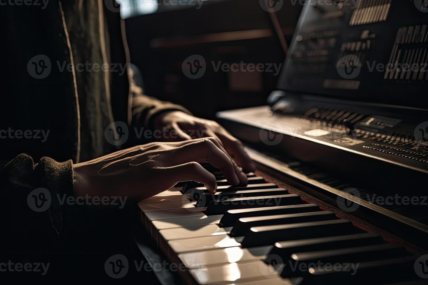 Musician hands on piano keyboard. Classical music instrument. photo