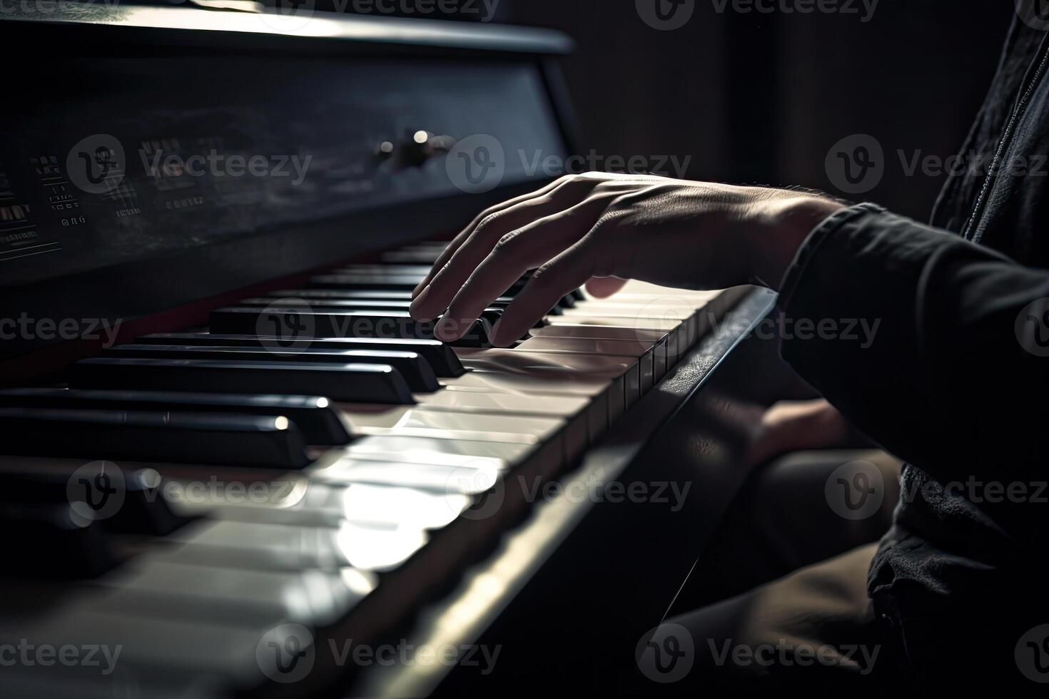 Musician hands on piano keyboard. Classical music instrument. photo