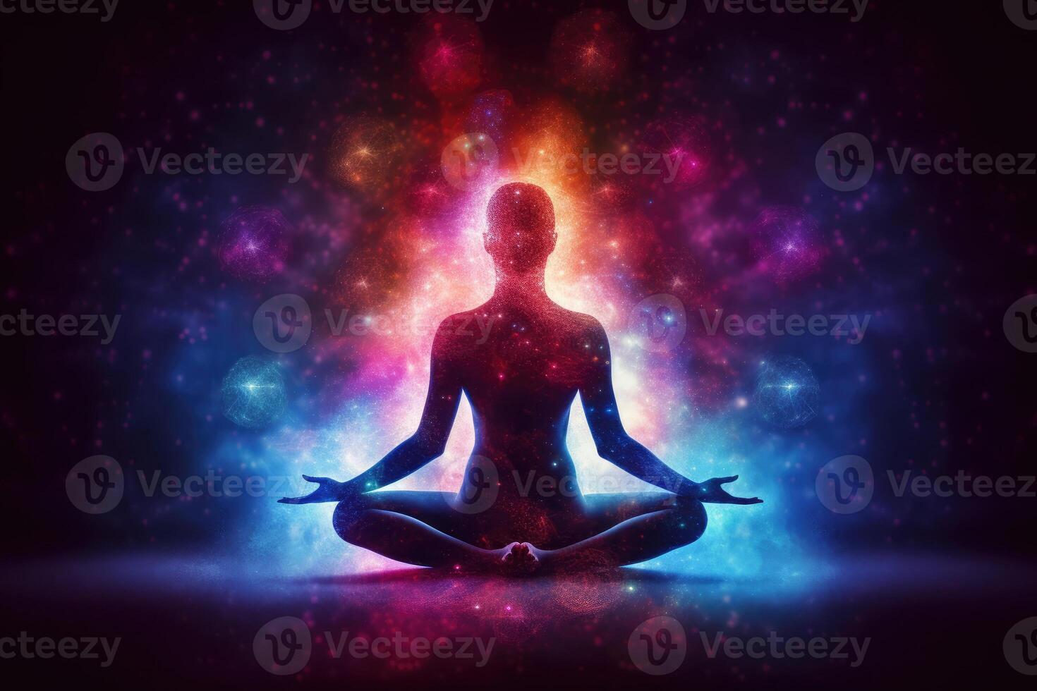 Body silhouette in lotus pose against cosmic background. photo