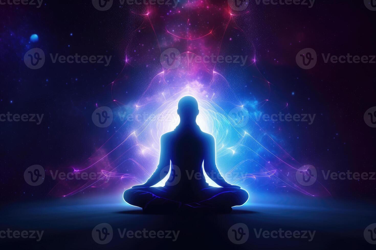 Body silhouette in lotus pose against cosmic background. photo