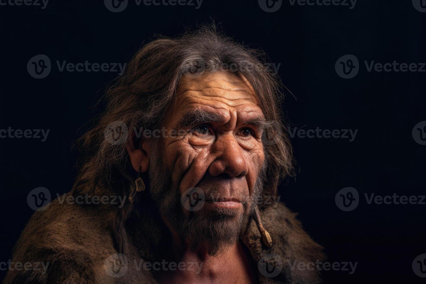 Portrait of prehistoric man on dark background. photo