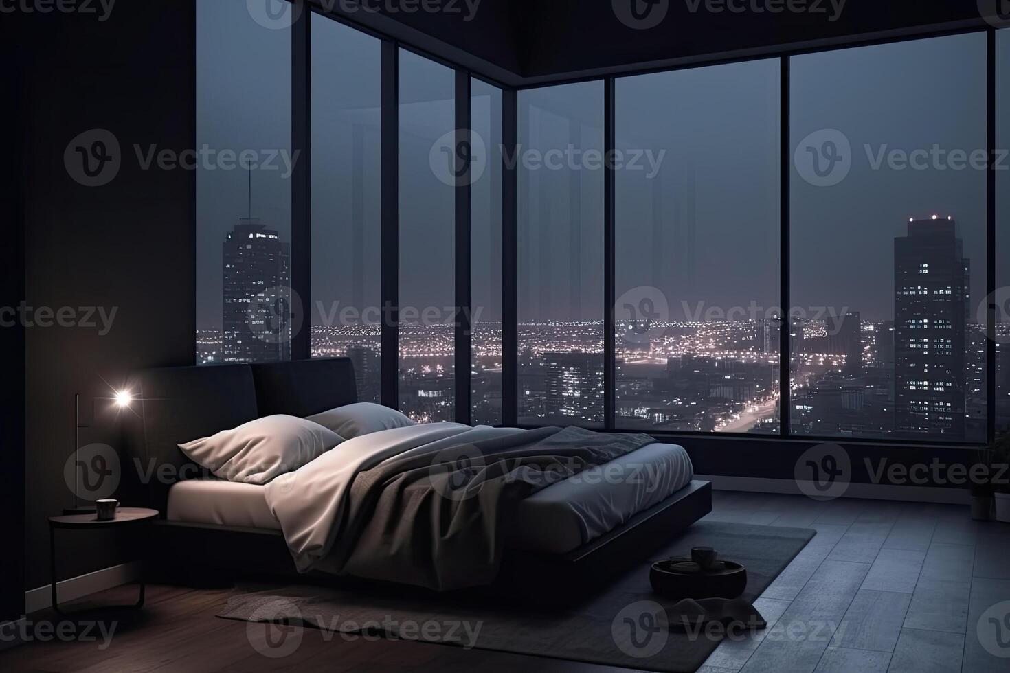 Large bed in living room with night city view in window. photo