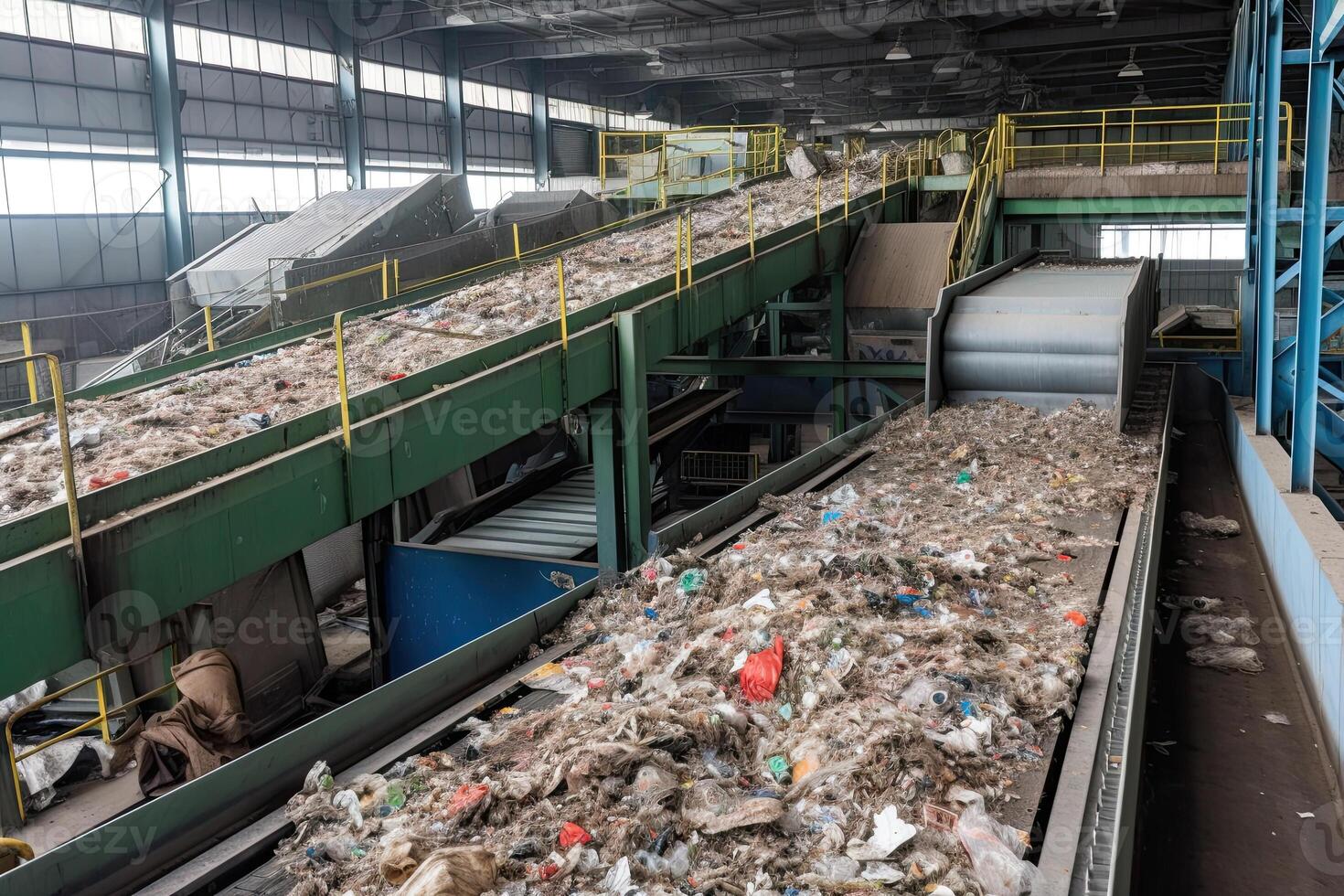 Conveyor belt with pile of waste at recycling plant. photo