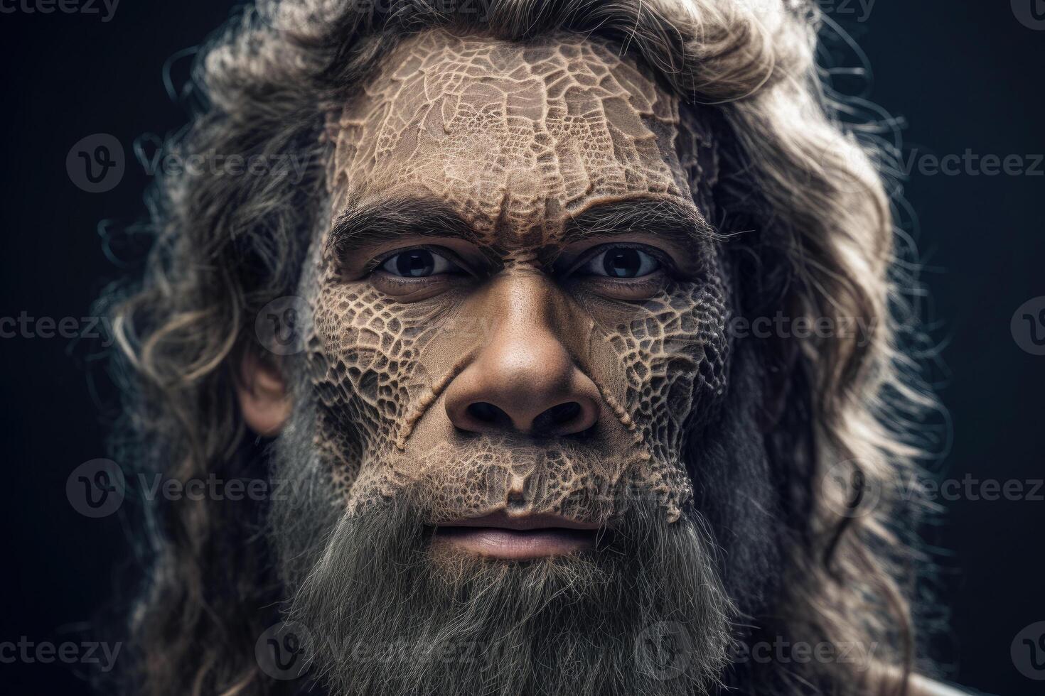 Portrait of prehistoric man on dark background. photo