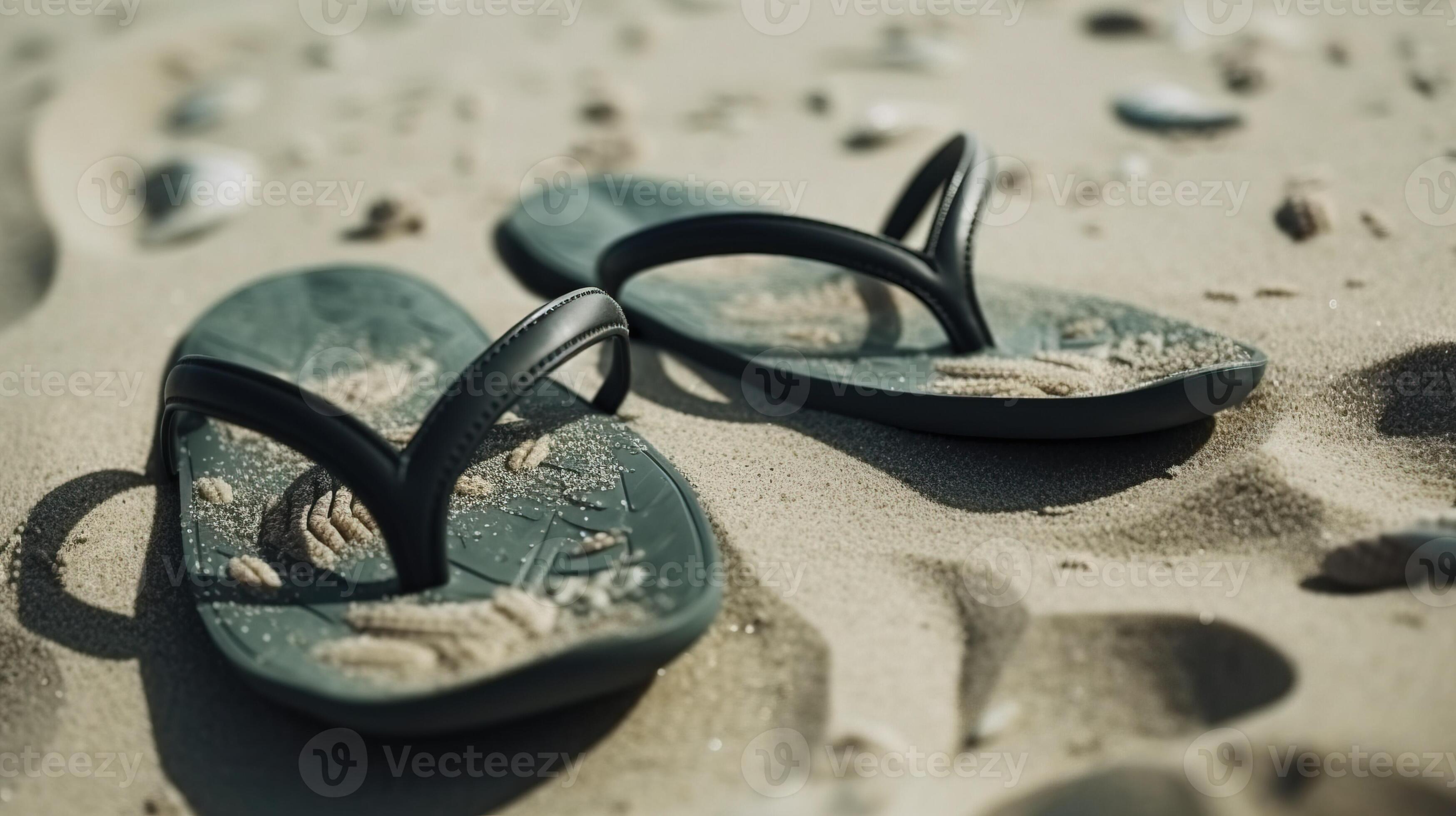 Rubber slippers flip flops on the sand of the beach. AI generated