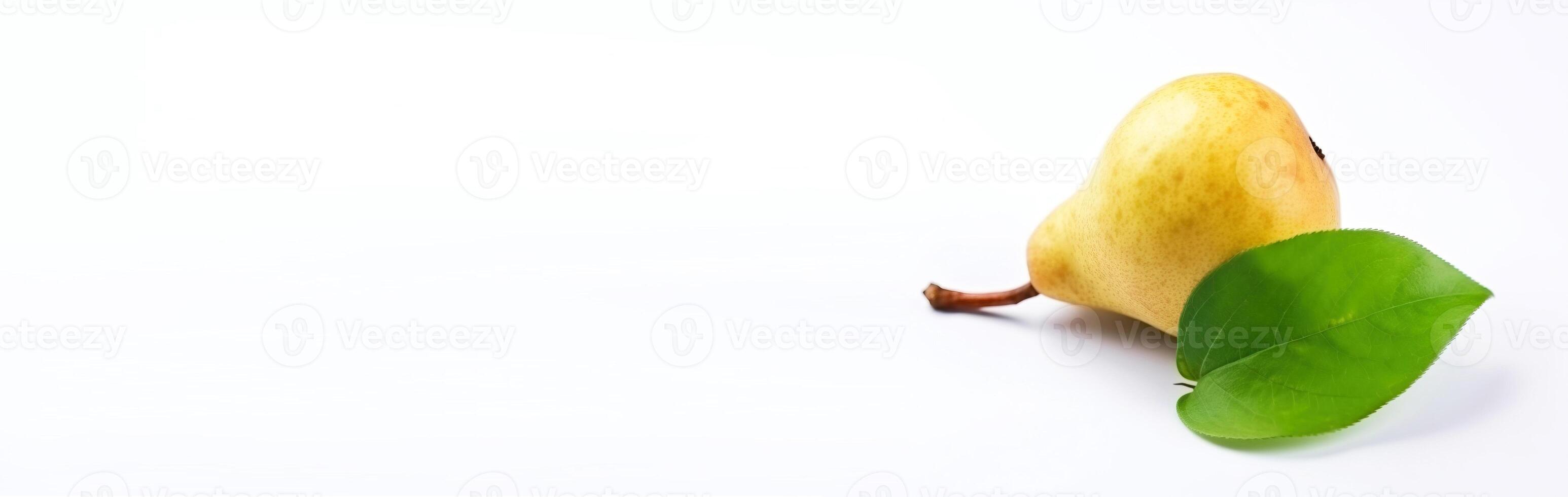 Ripe pear with a leaf, isolate on a white background. Macro studio shot. . Header banner mockup with space. photo