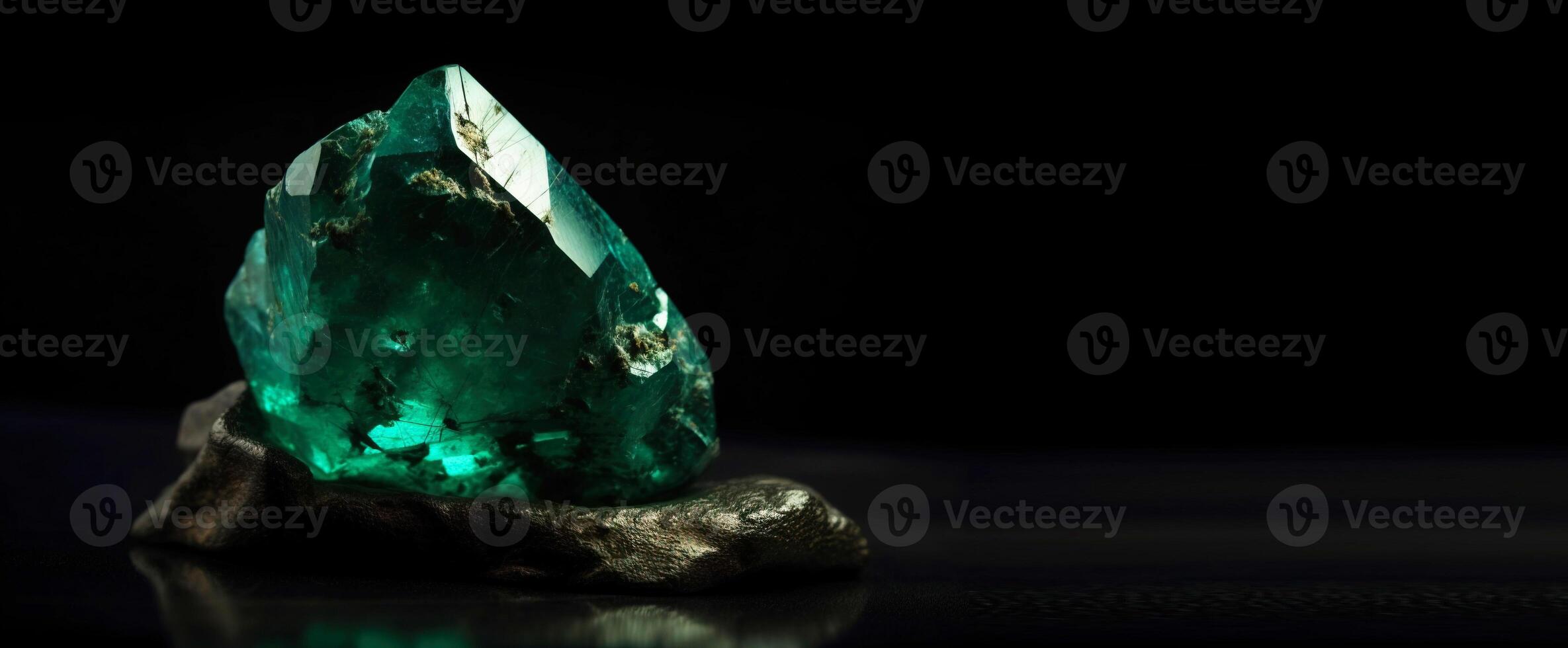 Emerald is a rare precious natural stone on a black background. . Header banner mockup with space. photo