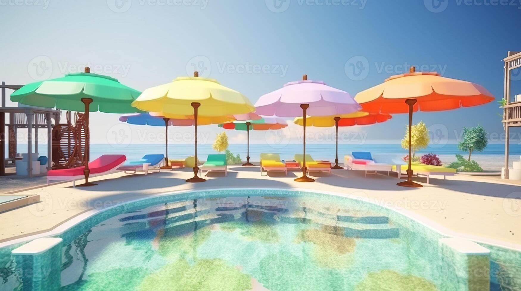 Multi-colored sun loungers with umbrellas by the pool near the house. . photo