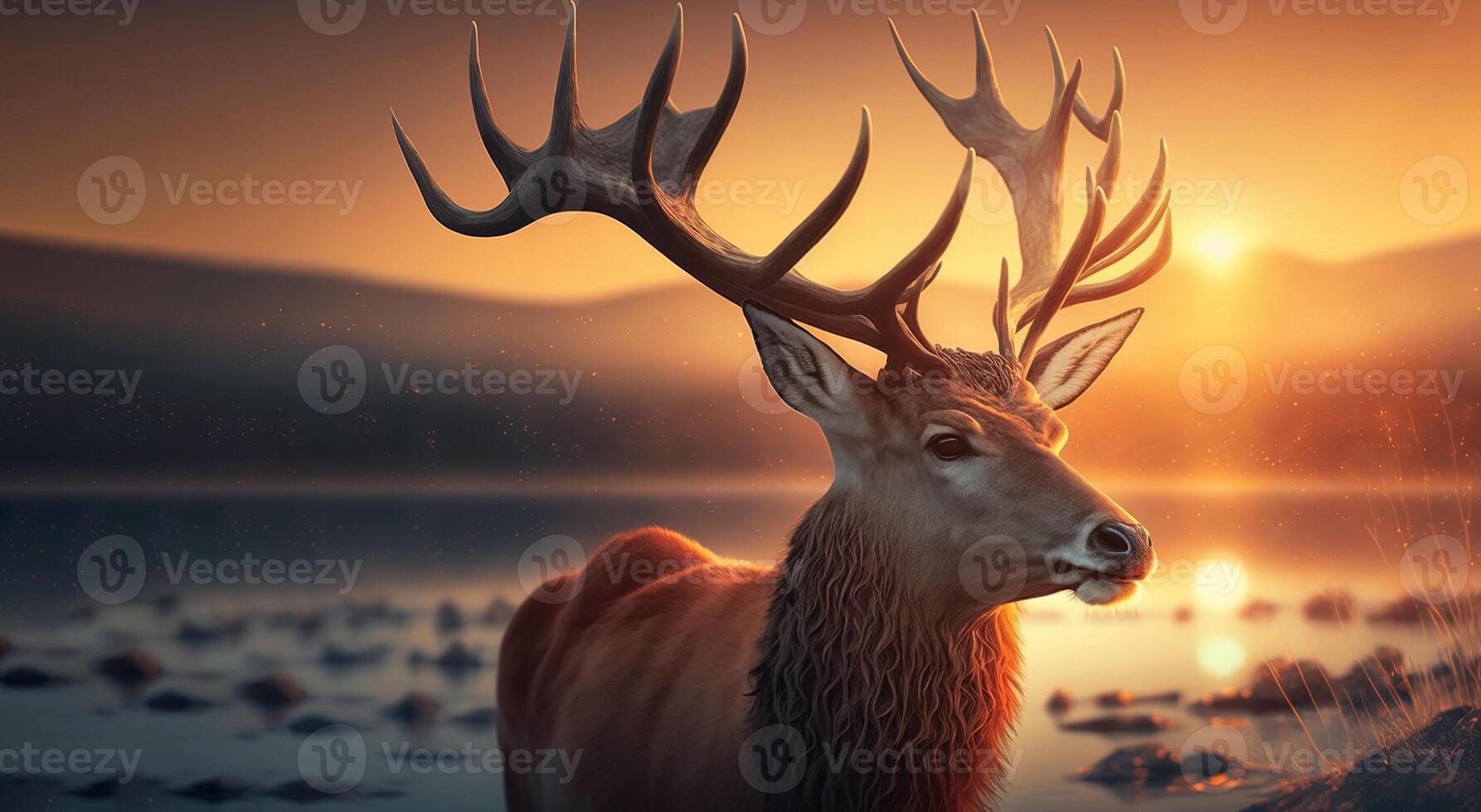 Beautiful deer on a background with a sunrise in a clearing. . photo