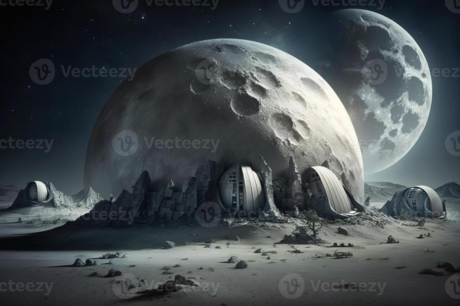Illustration of space base on moon for astronauts on background of planet. . photo