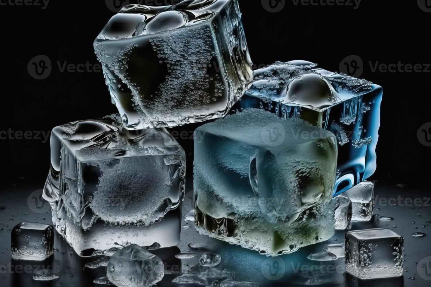 Close-up crystals of transparent ice cube isolated on white background. . photo