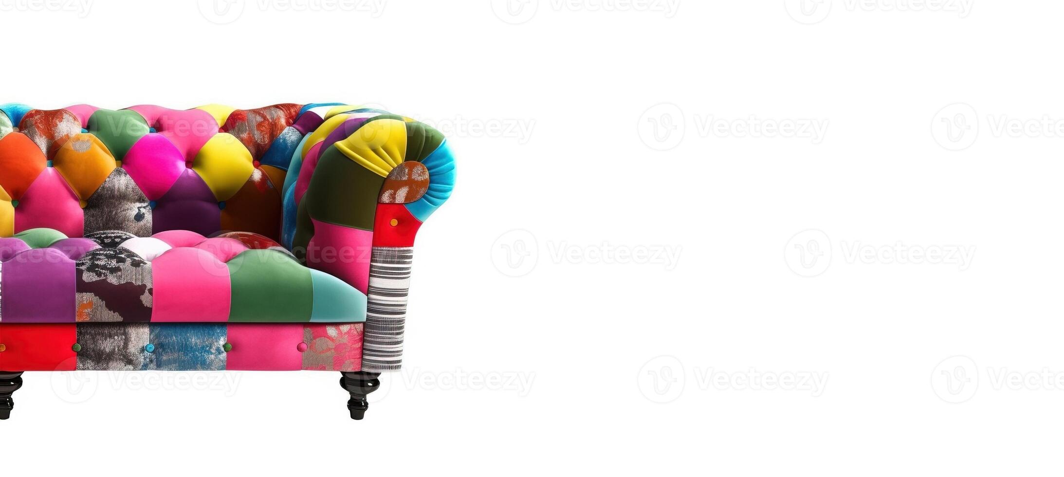 Chesterfield sofa from multi-colored fabric, patchwork, on a white background. . photo