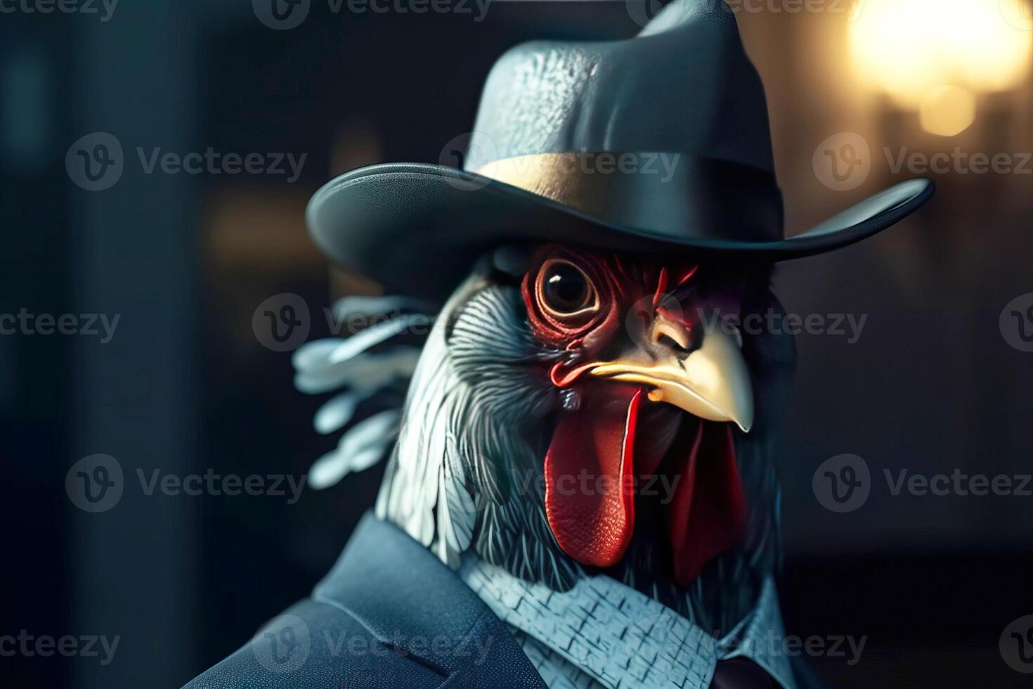 Rooster gentleman in a suit, tie, hat and glasses on a black background. . photo