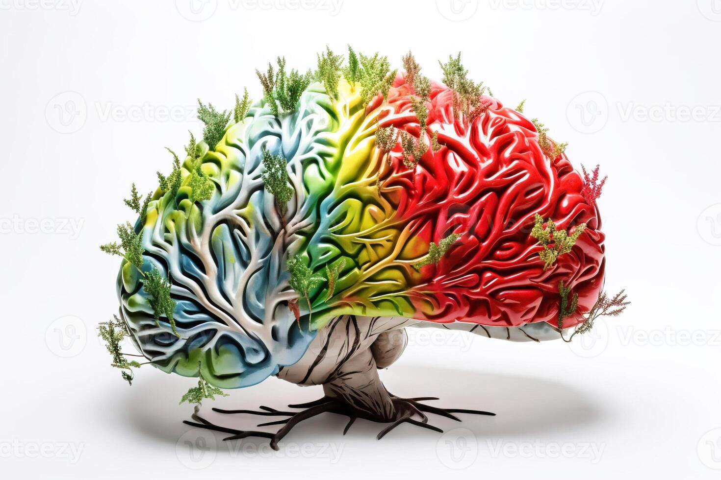 Health Day, multicolored human brain concept with grass on white background. . photo