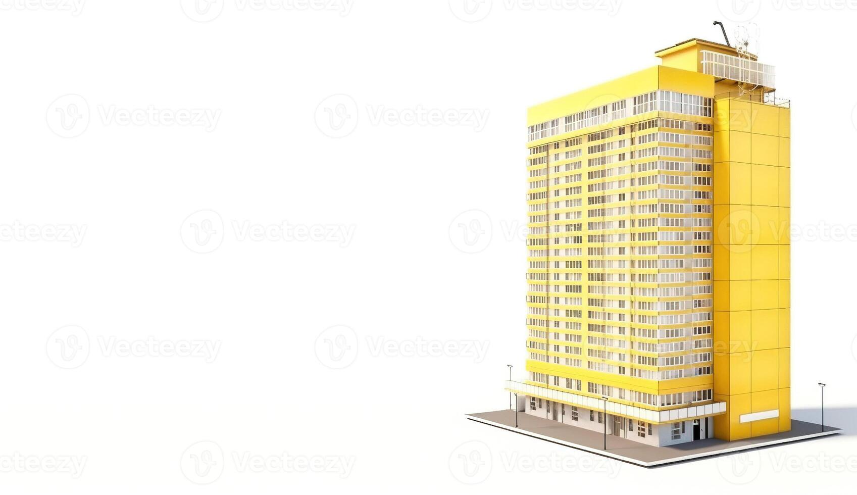 Modern high-rise yellow urban house with solar panels on the roof on a white background, isolate. . photo