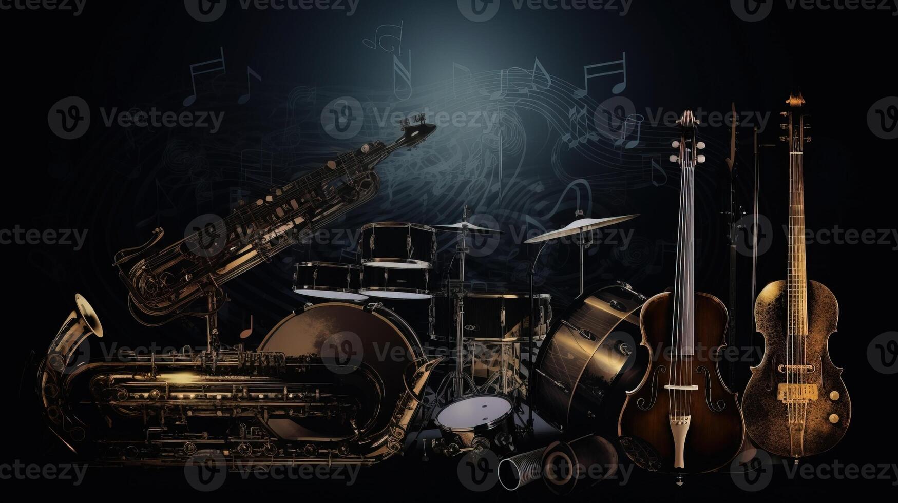 Music day, illustration background with a set of graphic kotnur instruments. . photo