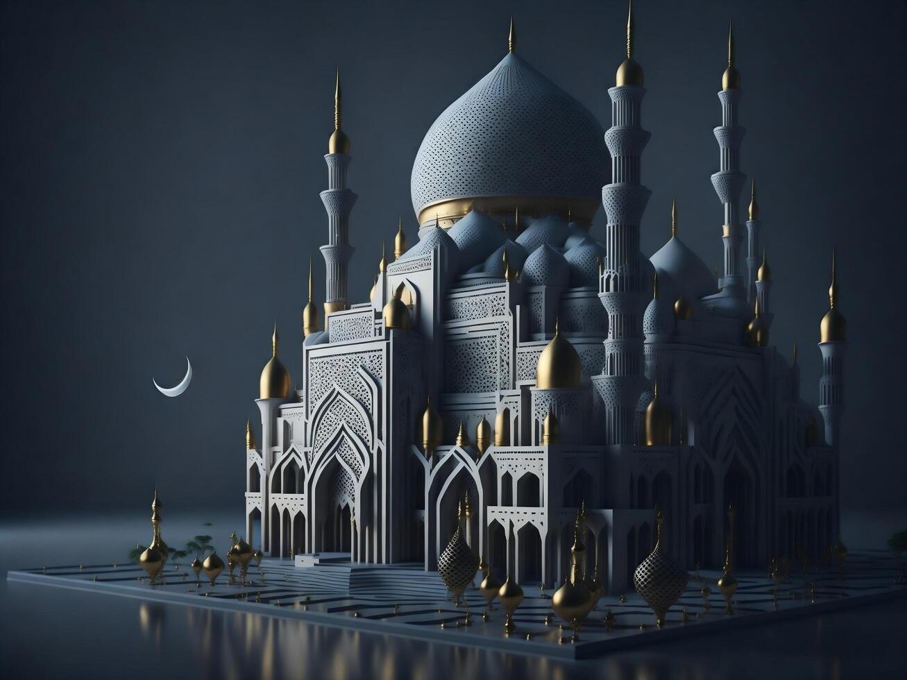 un 3d modelo de un mezquita con un Luna en el antecedentes. ai generado foto