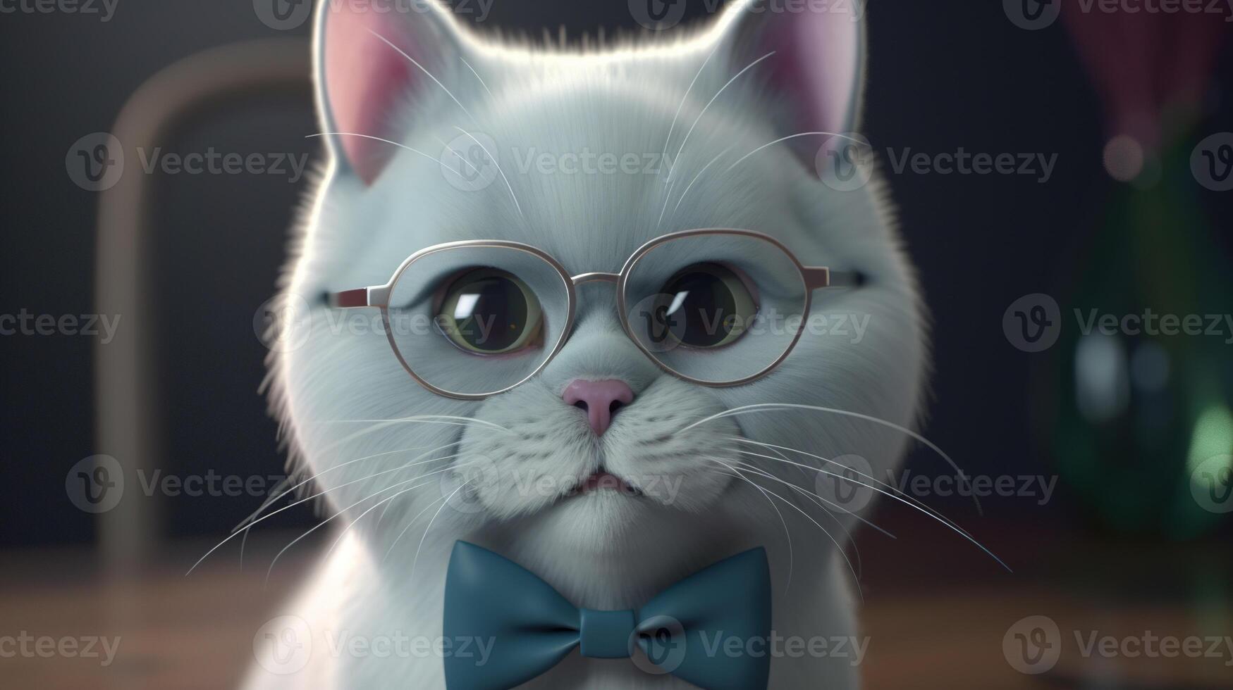 funny white cat wearing bow tie and glasses, digital art illustration, photo