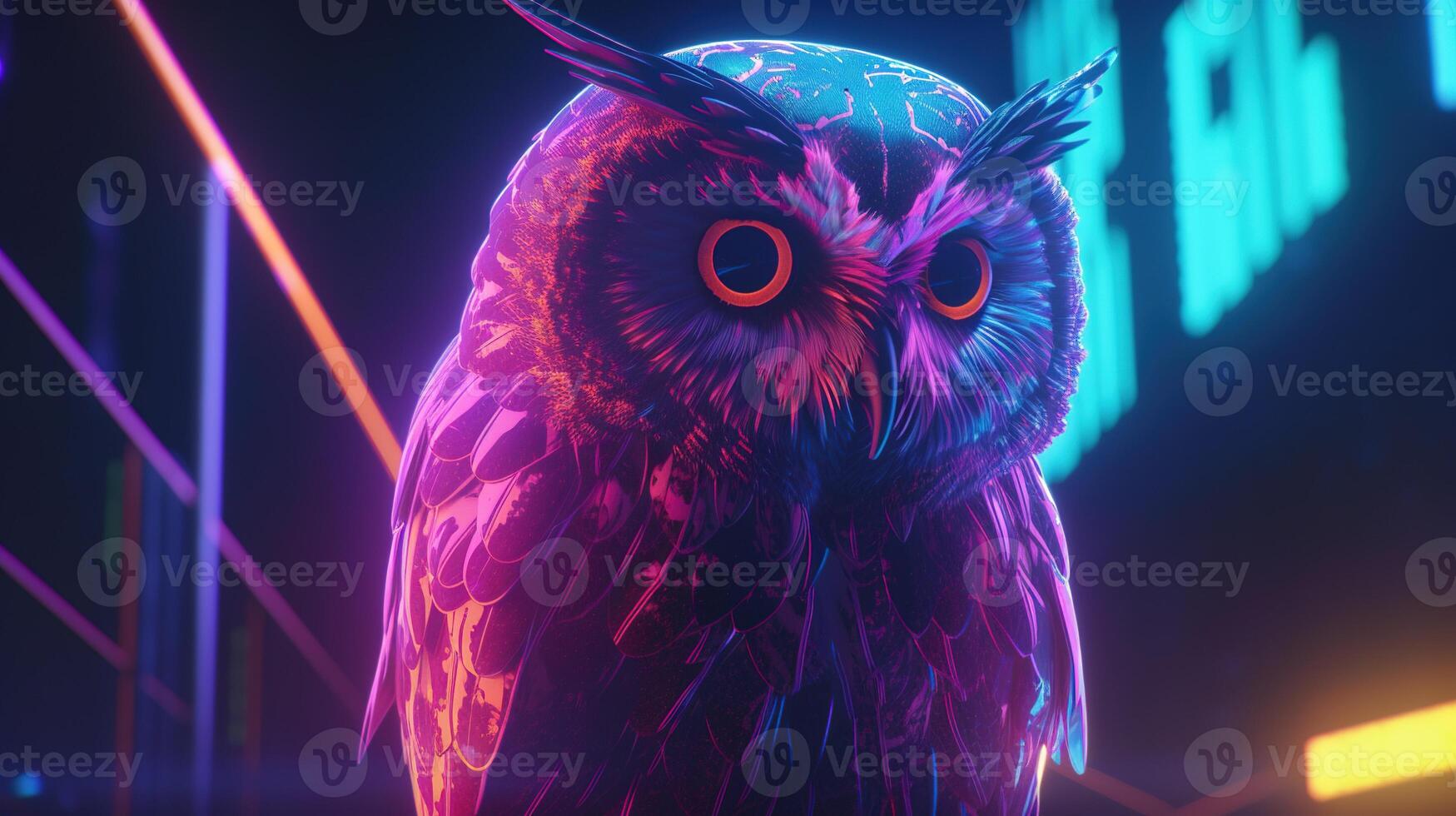 neon owl, digital art illustration, photo