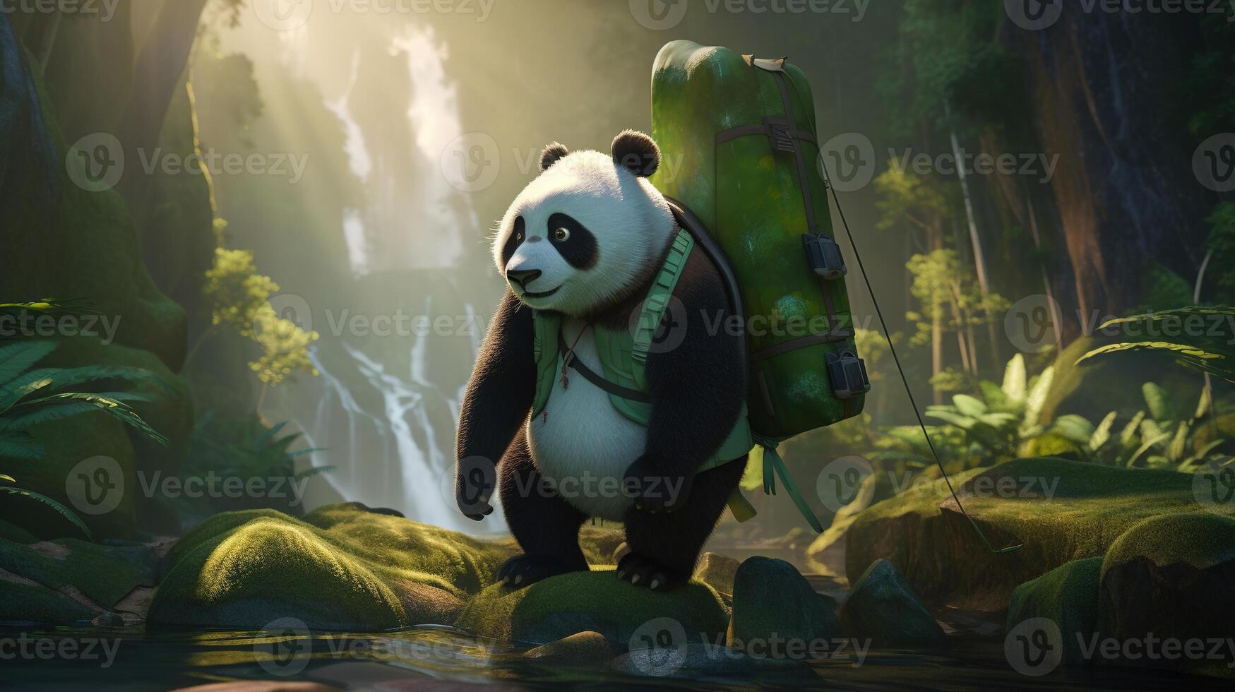 panda backpacker, digital art illustration, photo