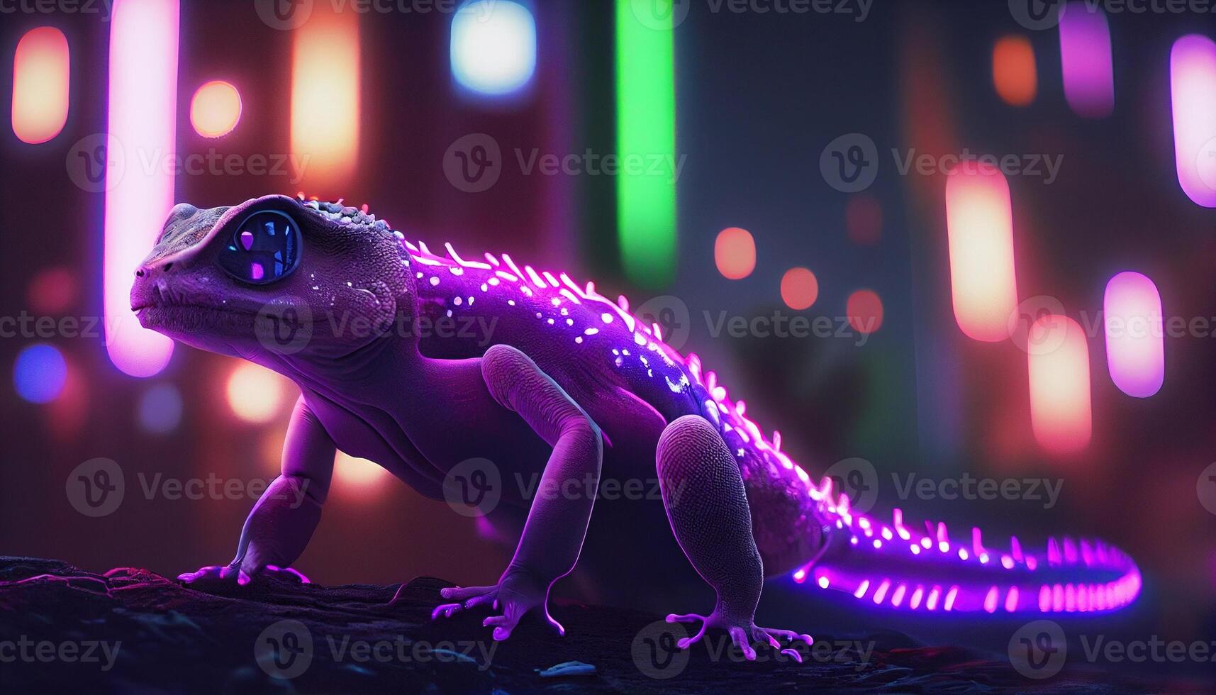 neon gecko, digital art illustration, photo
