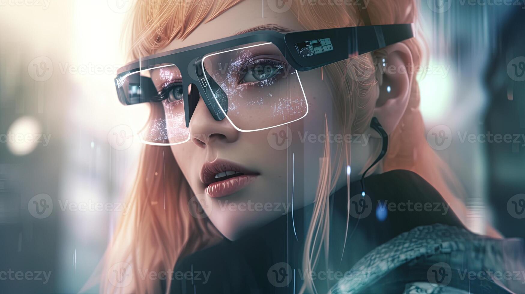 woman wearing smart glasses, digital art illustration, photo