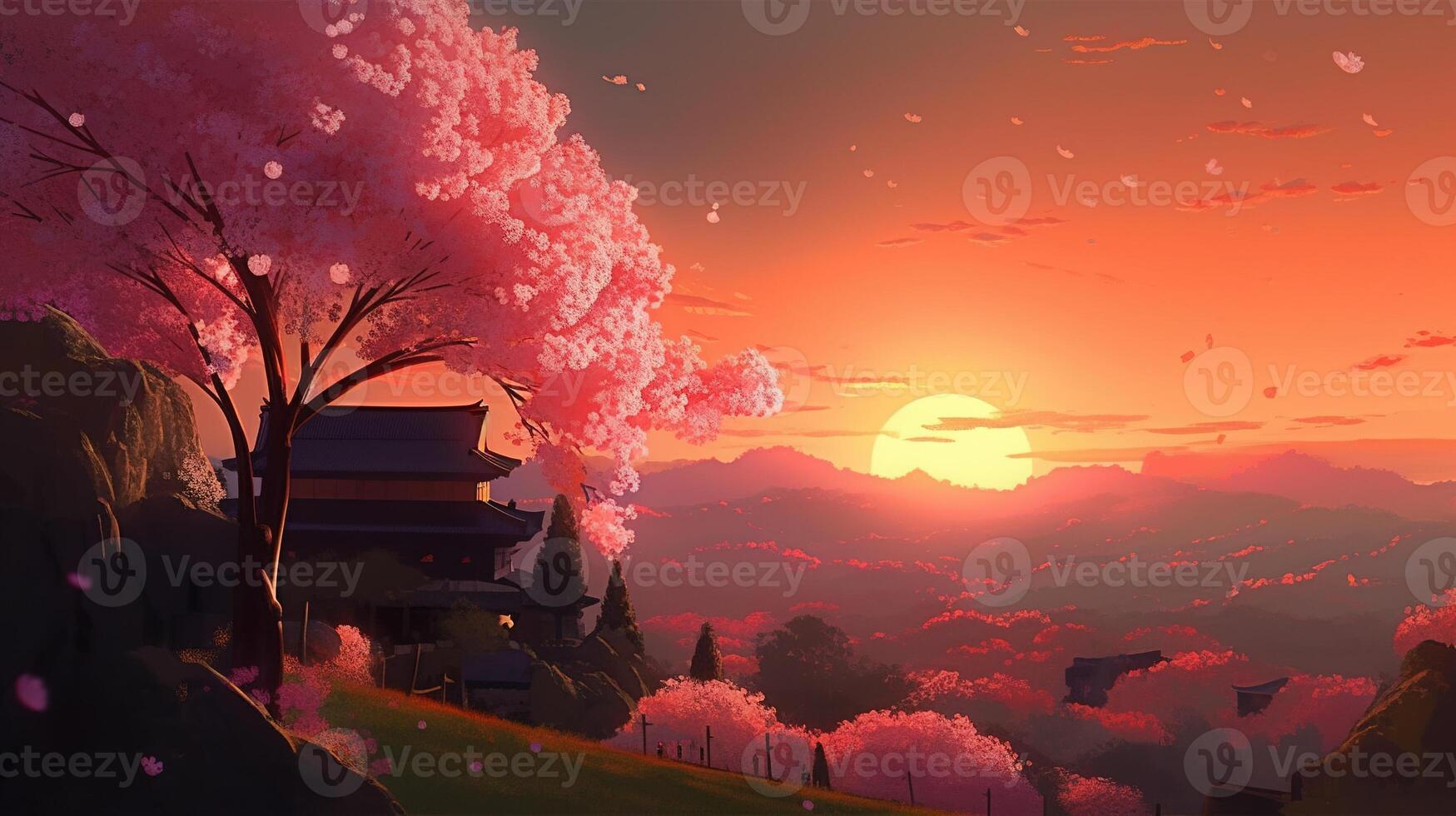 sunset and cherry blooms, digital art illustration, photo