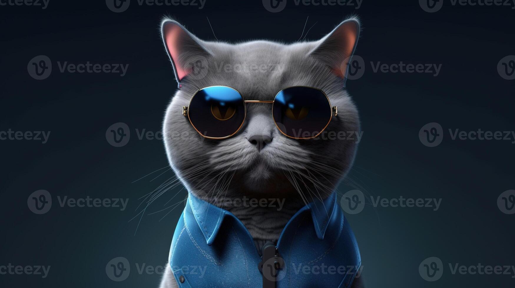 british shorthair cat wearing sunglasses and shirt, digital art illustration, photo