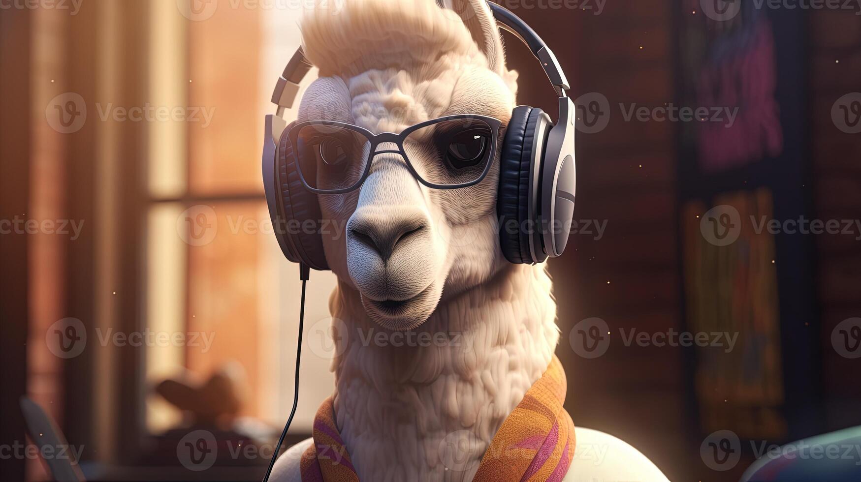 cool lama wearing eyeglasses and listening music, digital art illustration, photo
