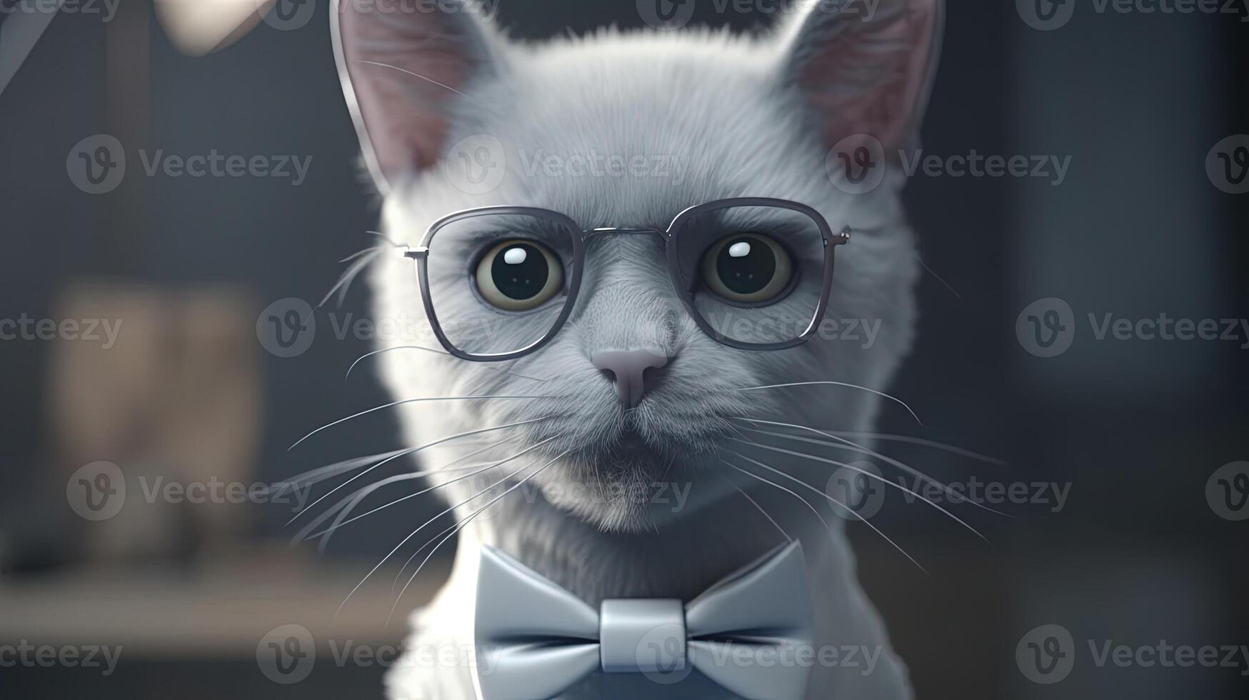 funny white cat wearing bow tie and glasses, digital art illustration, photo