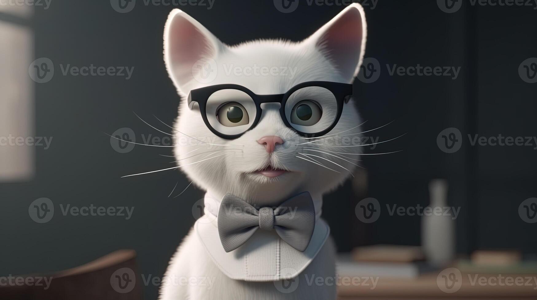 funny white cat wearing bow tie and glasses, digital art illustration, photo