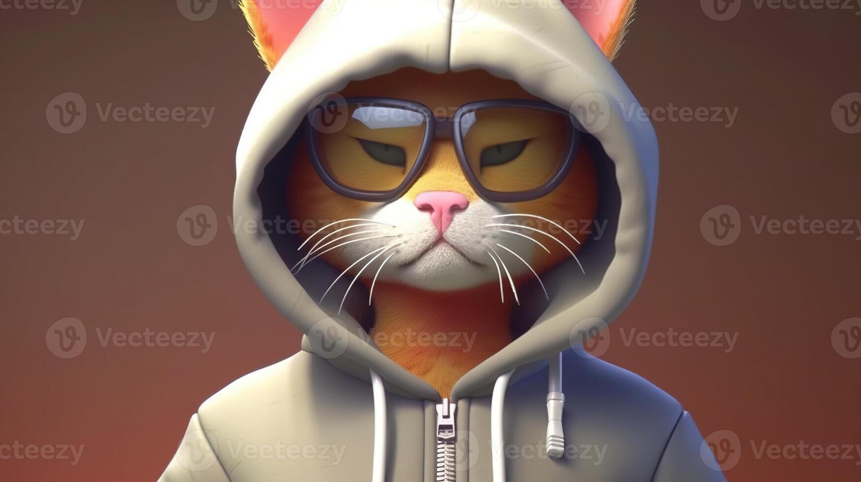 stylish cat wearing glasses and hoodie, digital art illustration, photo