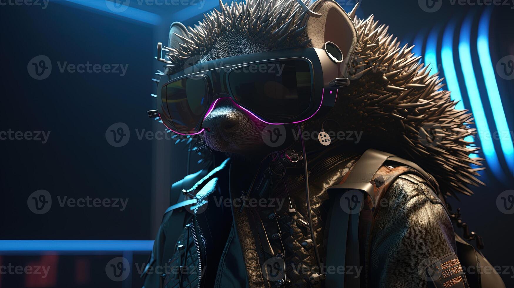 hedgehog cyberpunk, digital art illustration, photo