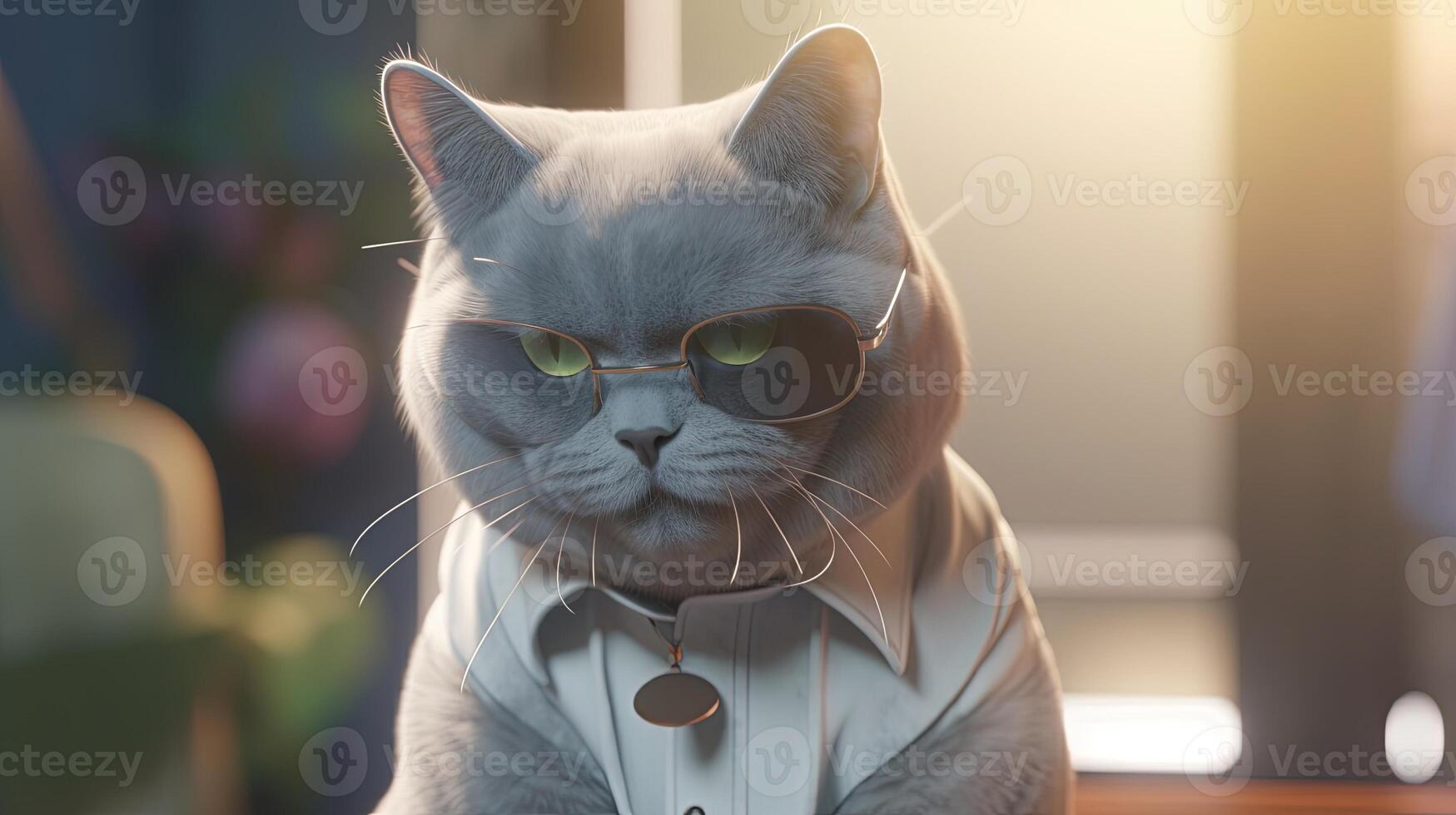 british shorthair cat wearing sunglasses and shirt, digital art illustration, photo